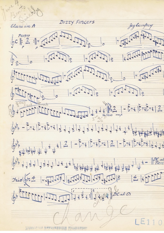 Handwritten Dizzy Fingers clarinet score