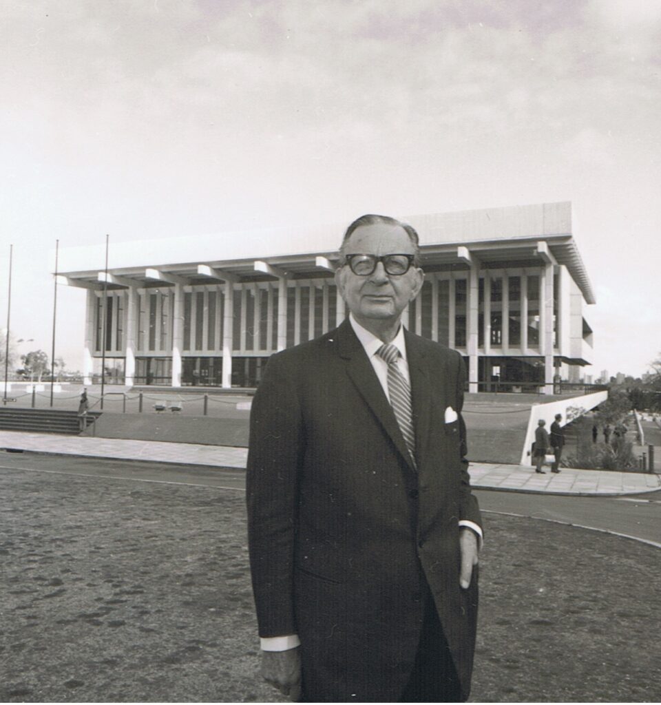 Sir Bernard Heinze outside the new Perth Concert Hall